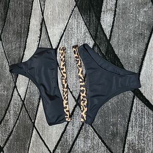 ROMWE BLACK & LEOPARD PRINT CUT-OUT ONE SHOULDER  TWO PIECE BIKINI SWIMSUIT SET